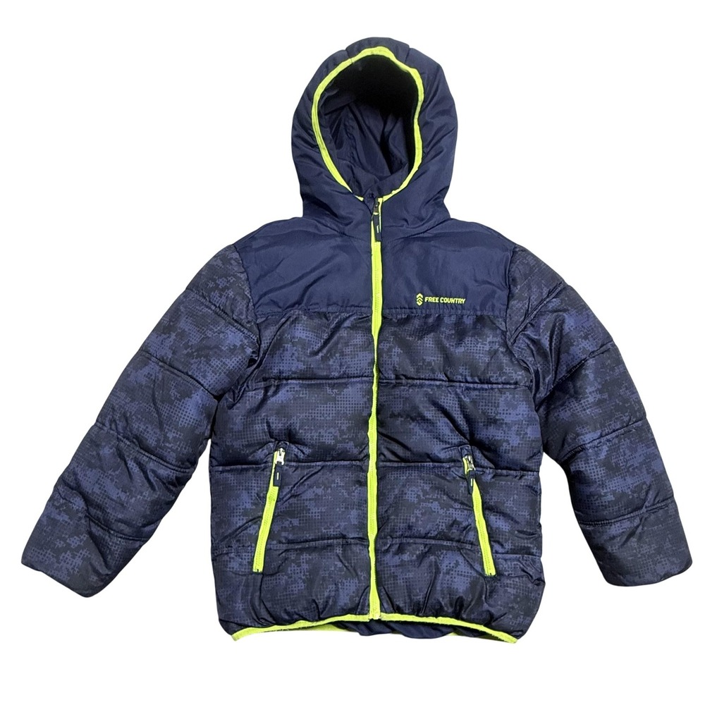 Free Country Puffer Jacket Youth Medium 10-12 Blue Camo Hooded Insulated Winter